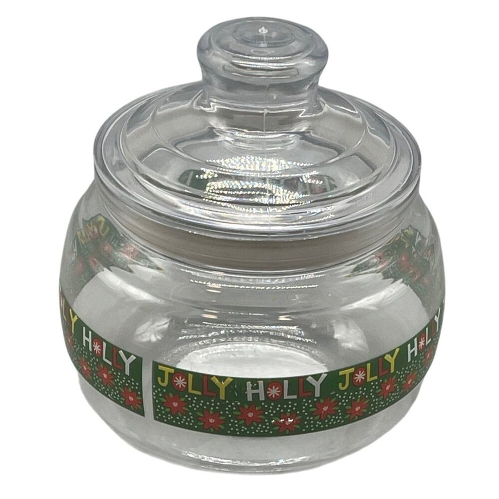 Christmas jar holiday jolly holly floral plastic green red clear width 4" length